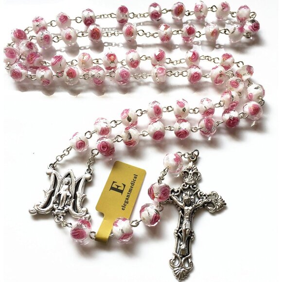 Rose Pink Veluriyam Rosary Beads Catholic Necklace Gift Box - Picture 8 of 9